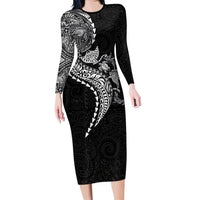 Hawaiian Kakau Tribal Sea Animals Tattoos Family Matching Long Sleeve Bodycon Dress and Hawaiian Shirt Black Color