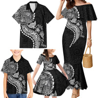 Hawaiian Kakau Tribal Sea Animals Tattoos Family Matching Mermaid Dress and Hawaiian Shirt Black Color