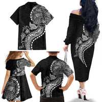 Hawaiian Kakau Tribal Sea Animals Tattoos Family Matching Off The Shoulder Long Sleeve Dress and Hawaiian Shirt Black Color