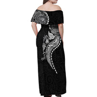 Hawaiian Kakau Tribal Sea Animals Tattoos Family Matching Off Shoulder Maxi Dress and Hawaiian Shirt Black Color