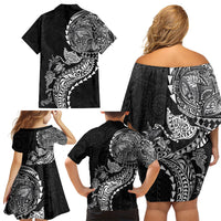 Hawaiian Kakau Tribal Sea Animals Tattoos Family Matching Off Shoulder Short Dress and Hawaiian Shirt Black Color