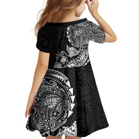 Hawaiian Kakau Tribal Sea Animals Tattoos Family Matching Short Sleeve Bodycon Dress and Hawaiian Shirt Black Color