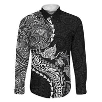 Hawaiian Kakau Tribal Sea Animals Tattoos Family Matching Short Sleeve Bodycon Dress and Hawaiian Shirt Black Color