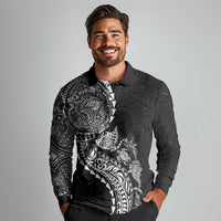 Hawaiian Kakau Tribal Sea Animals Tattoos Long Sleeve Polo Shirt Black Color