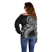 Hawaiian Kakau Tribal Sea Animals Tattoos Off Shoulder Sweater Black Color