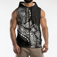 Hawaiian Kakau Tribal Sea Animals Tattoos Sleeveless Zip Hoodie Black Color