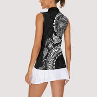 Hawaiian Kakau Tribal Sea Animals Tattoos Women Sleeveless Polo Shirt Black Color