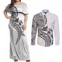 Hawaiian Kakau Tribal Sea Animals Tattoos Couples Matching Off Shoulder Maxi Dress and Long Sleeve Button Shirt White Color