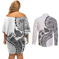 Hawaiian Kakau Tribal Sea Animals Tattoos Couples Matching Off Shoulder Short Dress and Long Sleeve Button Shirt White Color