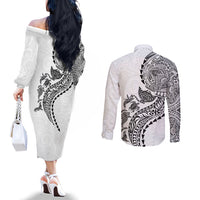 Hawaiian Kakau Tribal Sea Animals Tattoos Couples Matching Off The Shoulder Long Sleeve Dress and Long Sleeve Button Shirt White Color