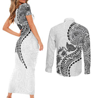 Hawaiian Kakau Tribal Sea Animals Tattoos Couples Matching Short Sleeve Bodycon Dress and Long Sleeve Button Shirt White Color LT03 - Polynesian Pride