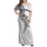 Hawaiian Kakau Tribal Sea Animals Tattoos Family Matching Off Shoulder Maxi Dress and Hawaiian Shirt White Color