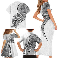 Hawaiian Kakau Tribal Sea Animals Tattoos Family Matching Short Sleeve Bodycon Dress and Hawaiian Shirt White Color