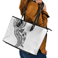 Hawaiian Kakau Tribal Sea Animals Tattoos Leather Tote Bag White Color