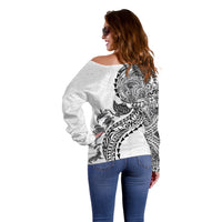 Hawaiian Kakau Tribal Sea Animals Tattoos Off Shoulder Sweater White Color