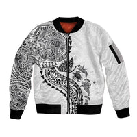 Hawaiian Kakau Tribal Sea Animals Tattoos Sleeve Zip Bomber Jacket White Color