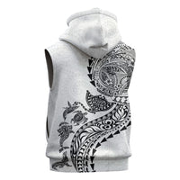 Hawaiian Kakau Tribal Sea Animals Tattoos Sleeveless Zip Hoodie White Color