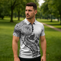 Hawaiian Kakau Tribal Sea Animals Tattoos Zipper Polo Shirt White Color