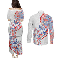 Hawaiian Kakau Tribal Sea Animals Tattoos Couples Matching Puletasi and Long Sleeve Button Shirt Hawaii Flag Color Inspired