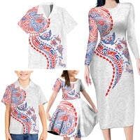 Hawaiian Kakau Tribal Sea Animals Tattoos Family Matching Long Sleeve Bodycon Dress and Hawaiian Shirt Hawaii Flag Color Inspired