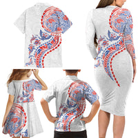 Hawaiian Kakau Tribal Sea Animals Tattoos Family Matching Long Sleeve Bodycon Dress and Hawaiian Shirt Hawaii Flag Color Inspired