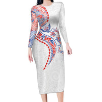 Hawaiian Kakau Tribal Sea Animals Tattoos Family Matching Long Sleeve Bodycon Dress and Hawaiian Shirt Hawaii Flag Color Inspired