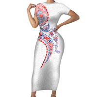 Hawaiian Kakau Tribal Sea Animals Tattoos Family Matching Short Sleeve Bodycon Dress and Hawaiian Shirt Hawaii Flag Color Inspired