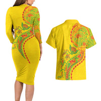 Hawaiian Kakau Tribal Sea Animals Tattoos Couples Matching Long Sleeve Bodycon Dress and Hawaiian Shirt Kanaka Maoli Flag Color Inspired