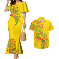 Hawaiian Kakau Tribal Sea Animals Tattoos Couples Matching Mermaid Dress and Hawaiian Shirt Kanaka Maoli Flag Color Inspired