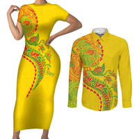 Hawaiian Kakau Tribal Sea Animals Tattoos Couples Matching Short Sleeve Bodycon Dress and Long Sleeve Button Shirt Kanaka Maoli Flag Color Inspired