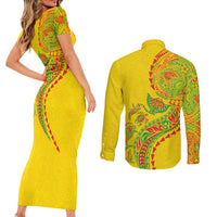 Hawaiian Kakau Tribal Sea Animals Tattoos Couples Matching Short Sleeve Bodycon Dress and Long Sleeve Button Shirt Kanaka Maoli Flag Color Inspired