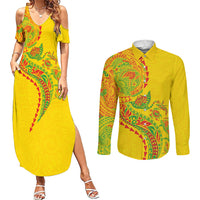 Hawaiian Kakau Tribal Sea Animals Tattoos Couples Matching Summer Maxi Dress and Long Sleeve Button Shirt Kanaka Maoli Flag Color Inspired LT03 Multicolor - Polynesian Pride
