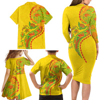 Hawaiian Kakau Tribal Sea Animals Tattoos Family Matching Long Sleeve Bodycon Dress and Hawaiian Shirt Kanaka Maoli Flag Color Inspired