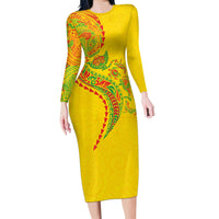 Hawaiian Kakau Tribal Sea Animals Tattoos Family Matching Long Sleeve Bodycon Dress and Hawaiian Shirt Kanaka Maoli Flag Color Inspired