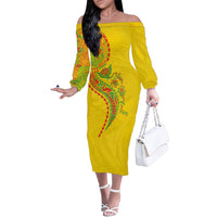 Hawaiian Kakau Tribal Sea Animals Tattoos Family Matching Off The Shoulder Long Sleeve Dress and Hawaiian Shirt Kanaka Maoli Flag Color Inspired LT03 Mom's Dress Multicolor - Polynesian Pride