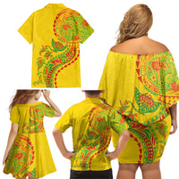 Hawaiian Kakau Tribal Sea Animals Tattoos Family Matching Off Shoulder Short Dress and Hawaiian Shirt Kanaka Maoli Flag Color Inspired