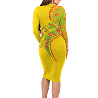 Hawaiian Kakau Tribal Sea Animals Tattoos Long Sleeve Bodycon Dress Kanaka Maoli Flag Color Inspired