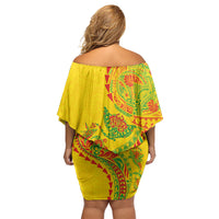 Hawaiian Kakau Tribal Sea Animals Tattoos Off Shoulder Short Dress Kanaka Maoli Flag Color Inspired