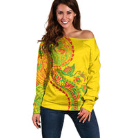 Hawaiian Kakau Tribal Sea Animals Tattoos Off Shoulder Sweater Kanaka Maoli Flag Color Inspired