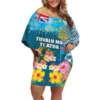Personalised Tuvalu Independence Day Off Shoulder Short Dress Tuvaluan Tribal Flag Style LT03 Women Turquoise - Polynesian Pride