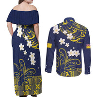 Niue Independence Day Couples Matching Off Shoulder Maxi Dress and Long Sleeve Button Shirt Hiapo Pattern Fiti Pua and Uga