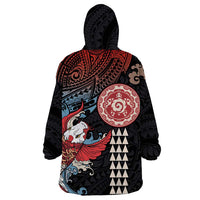 Hawaii and Japanese Together Wearable Blanket Hoodie Koi Fish and Kakau Pattern