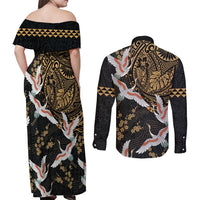 Hawaii and Japanese Together Couples Matching Off Shoulder Maxi Dress and Long Sleeve Button Shirt Cranes Birds with Kakau Pattern