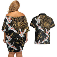 Hawaii and Japanese Together Couples Matching Off Shoulder Short Dress and Hawaiian Shirt Cranes Birds with Kakau Pattern
