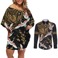 Hawaii and Japanese Together Couples Matching Off Shoulder Short Dress and Long Sleeve Button Shirt Cranes Birds with Kakau Pattern