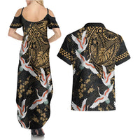 Hawaii and Japanese Together Couples Matching Summer Maxi Dress and Hawaiian Shirt Cranes Birds with Kakau Pattern