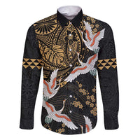 Hawaii and Japanese Together Family Matching Short Sleeve Bodycon Dress and Hawaiian Shirt Cranes Birds with Kakau Pattern