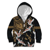 Hawaii and Japanese Together Kid Hoodie Cranes Birds with Kakau Pattern LT03 Zip Hoodie Black - Polynesian Pride