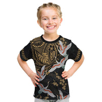 Hawaii and Japanese Together Kid T Shirt Cranes Birds with Kakau Pattern LT03 Black - Polynesian Pride