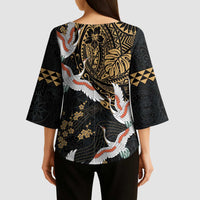 Hawaii and Japanese Together Kimono Sleeve Blouse Cranes Birds with Kakau Pattern - Polynesian Pride